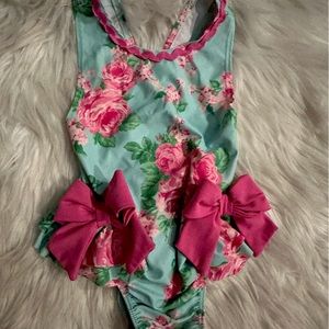 Mudpie one piece floral bow toddler bathing swimsuit
